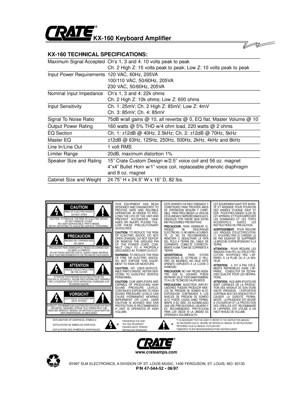 Crate Amplifiers owner manual KX-160 Technical Specifications, Precaucion 