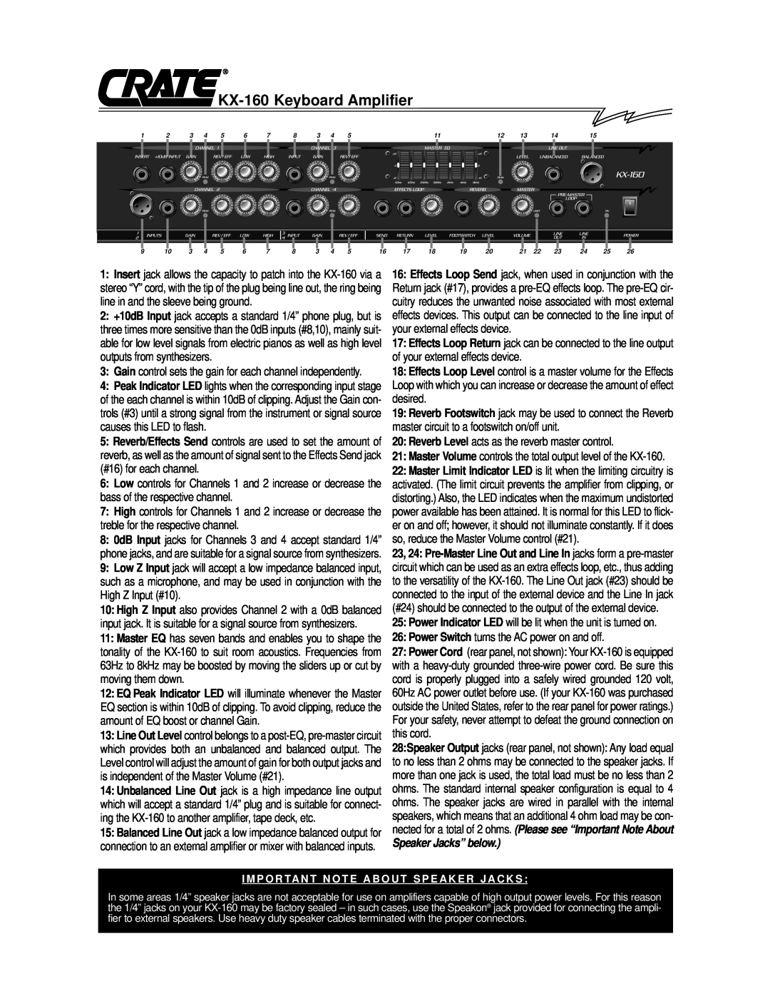 Crate Amplifiers owner manual KX-160 Keyboard Amplifier, Speaker Jacks” below 