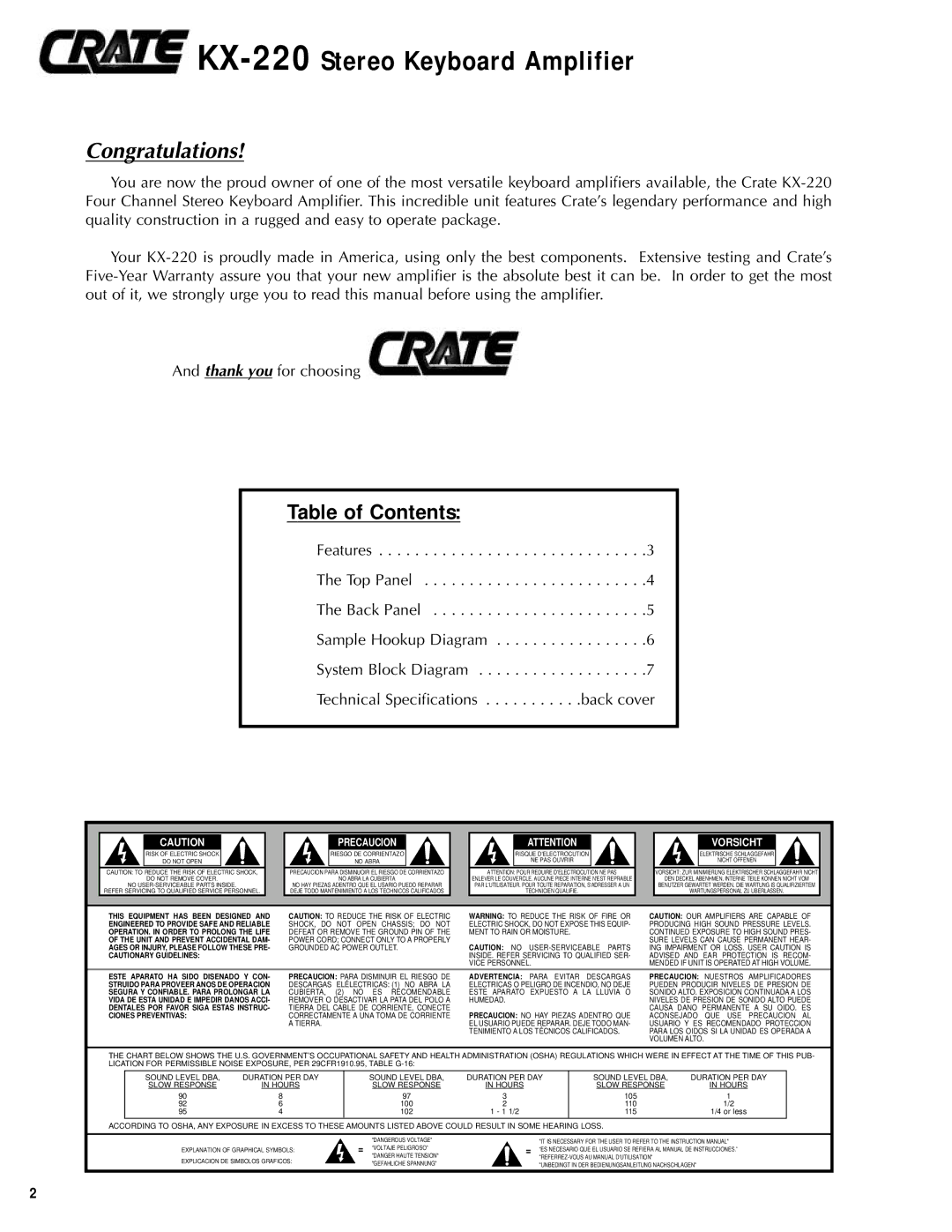 Crate Amplifiers manual KX-220Stereo Keyboard Amplifier, Table of Contents 