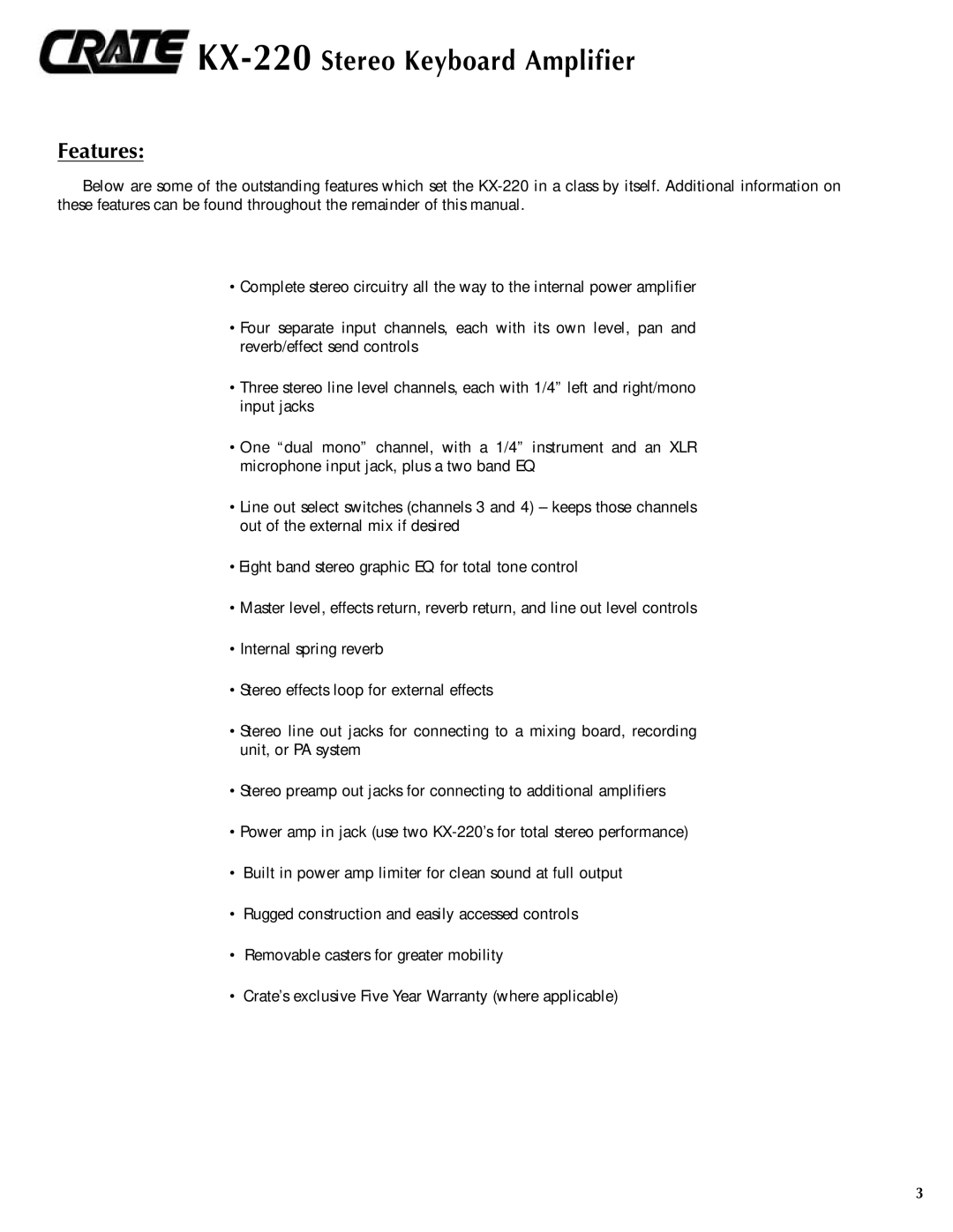 Crate Amplifiers KX-220 manual Features 