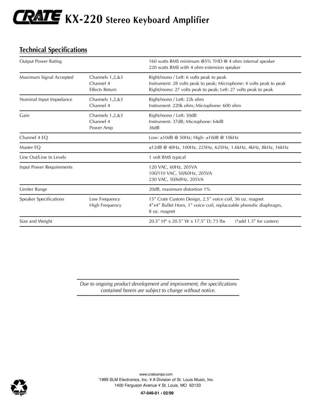 Crate Amplifiers KX-220 manual Technical Specifications 