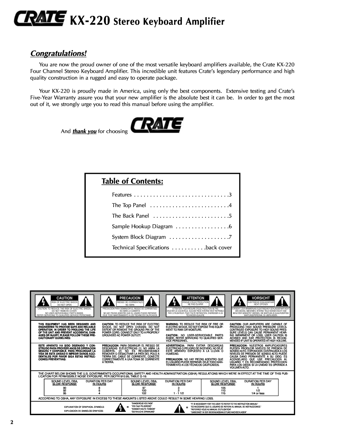 Crate Amplifiers manual KX-220 Stereo Keyboard Amplifier, Table of Contents, Congratulations 
