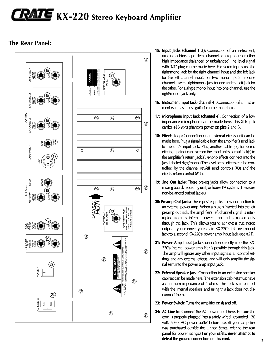 Crate Amplifiers manual The Rear Panel, KX-220 Stereo Keyboard Amplifier, defeat the ground connection on this cord 