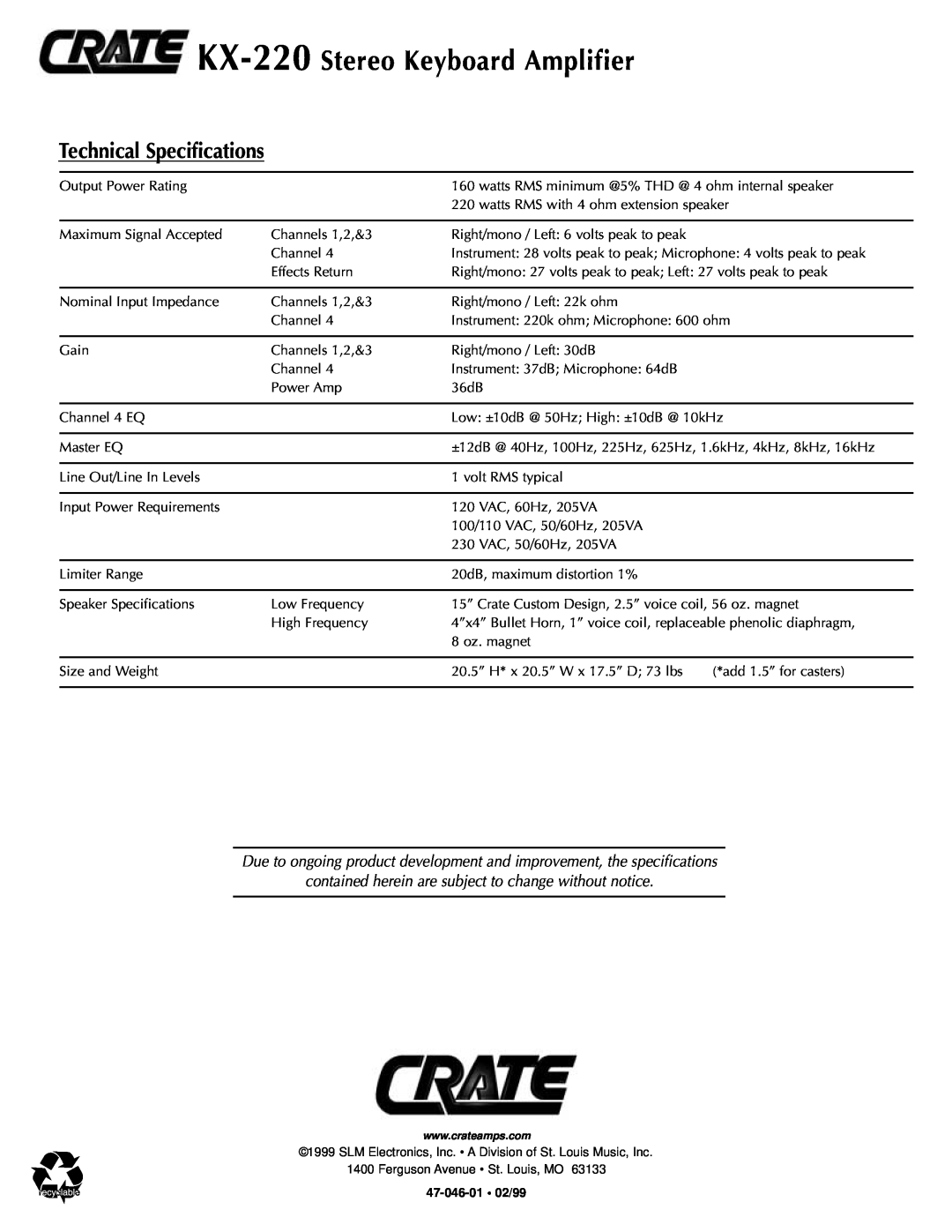Crate Amplifiers manual Technical Specifications, KX-220 Stereo Keyboard Amplifier 