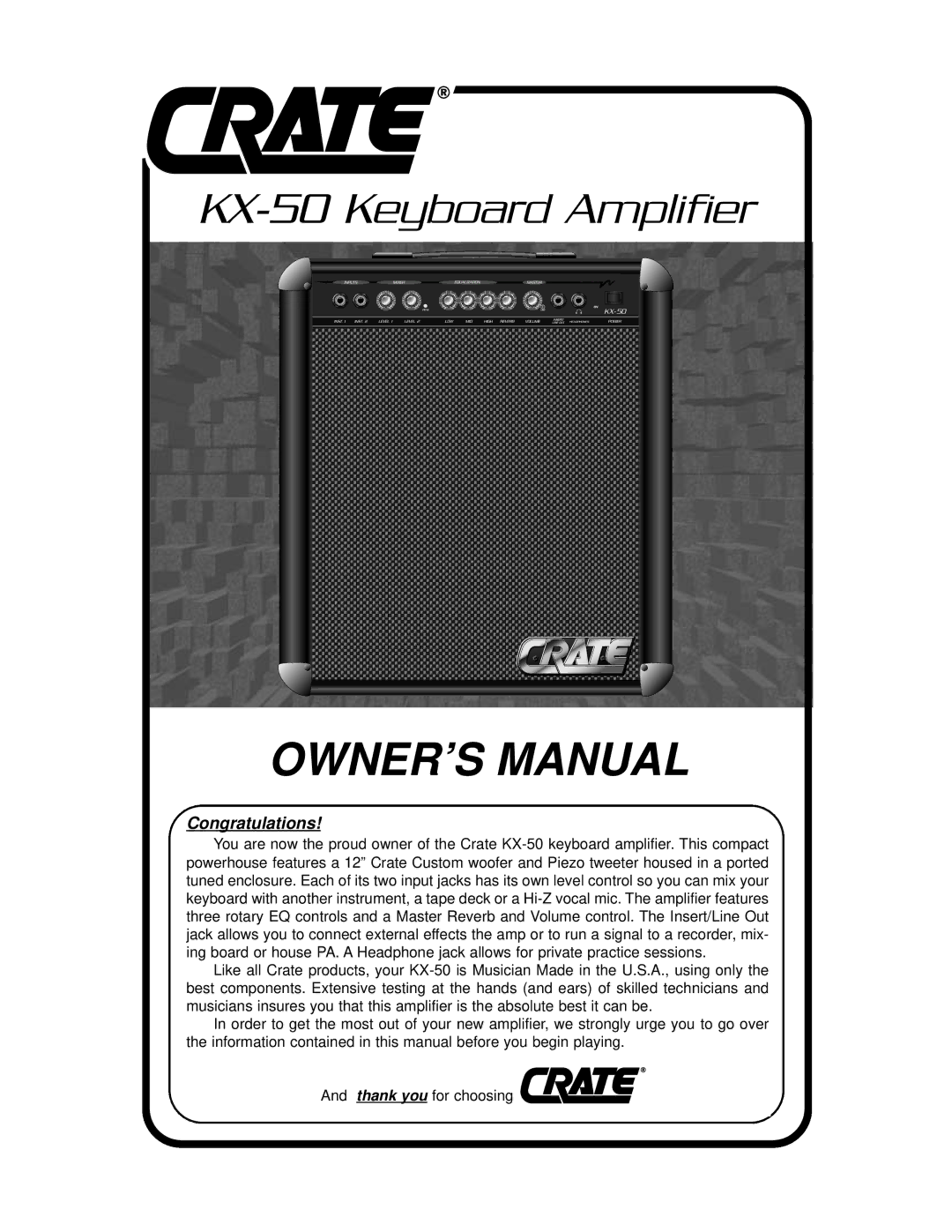 Crate Amplifiers owner manual KX-50 Keyboard Amplifier 