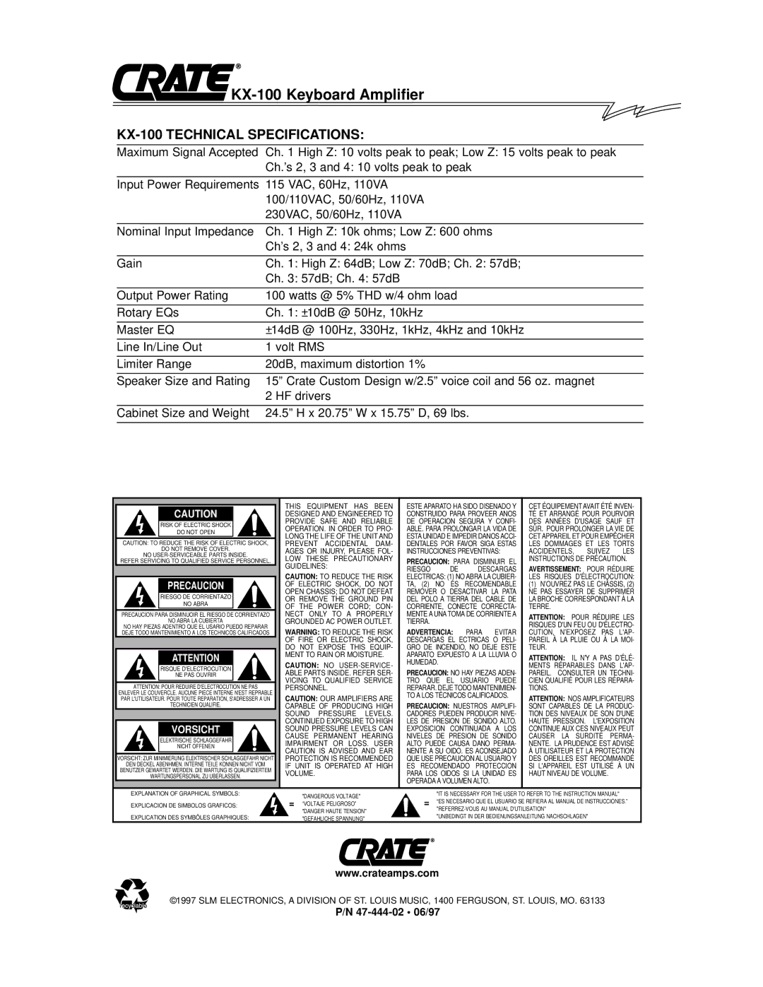 Crate Amplifiers KX-80 owner manual KX-100 Technical Specifications, Precaucion 