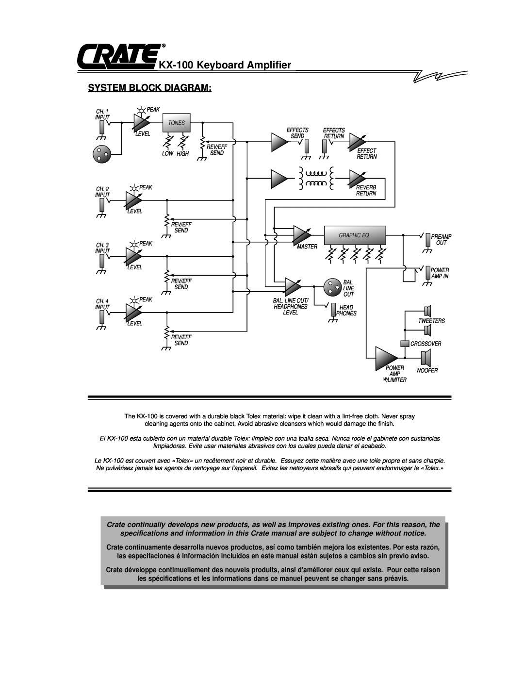 Crate Amplifiers KX-80 owner manual System Block Diagram, KX-100Keyboard Amplifier 
