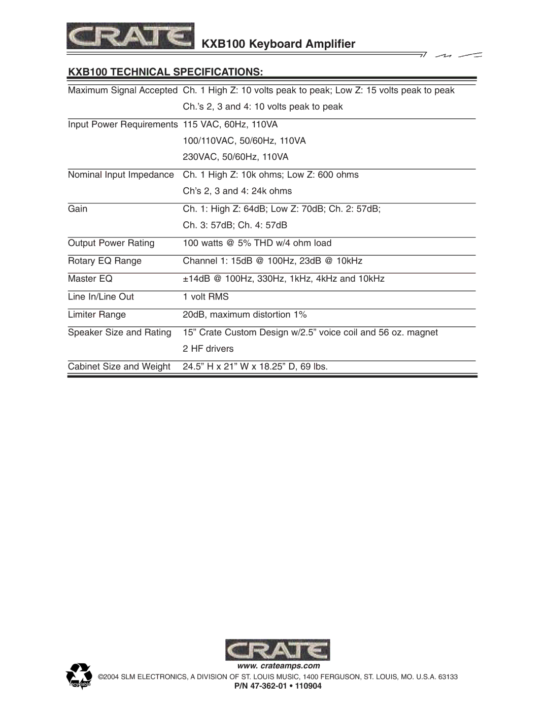 Crate Amplifiers manual KXB100 Technical Specifications 