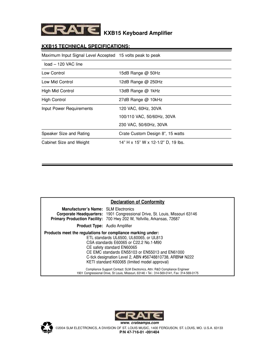 Crate Amplifiers manual KXB15 Technical Specifications 