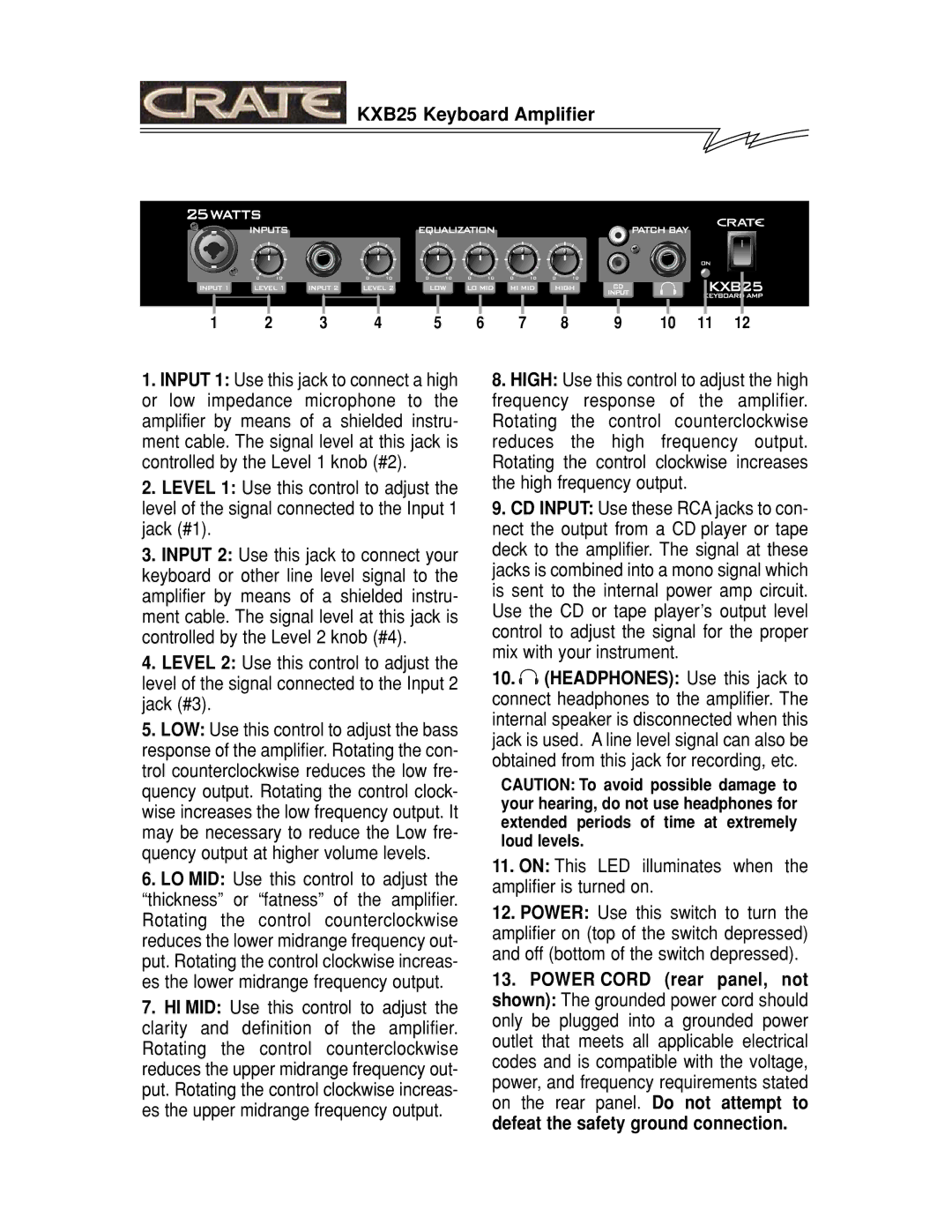 Crate Amplifiers KXB25 manual On This LED illuminates when the amplifier is turned on 