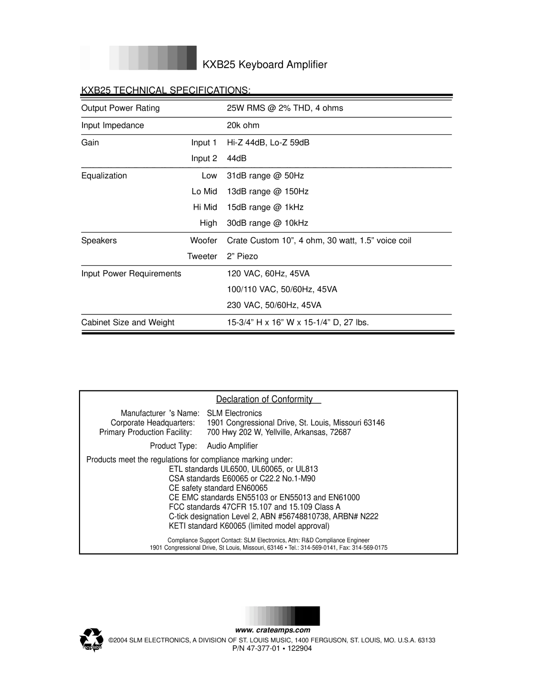 Crate Amplifiers manual KXB25 Technical Specifications 