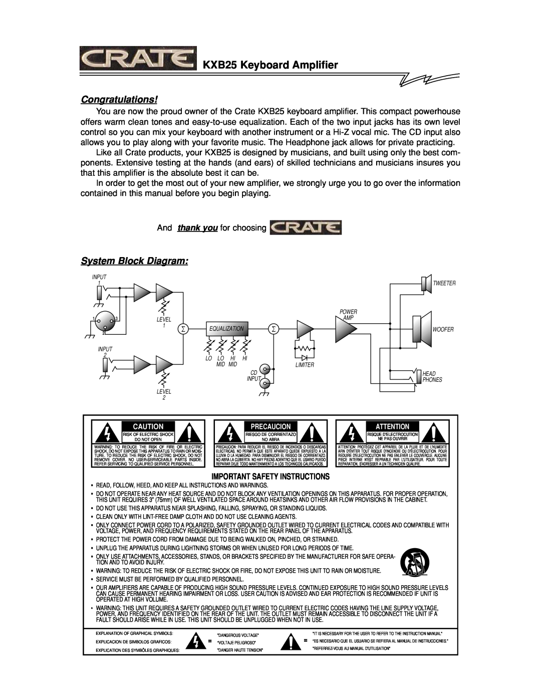 Crate Amplifiers manual KXB25 Keyboard Amplifier, Congratulations, System Block Diagram, Important Safety Instructions 