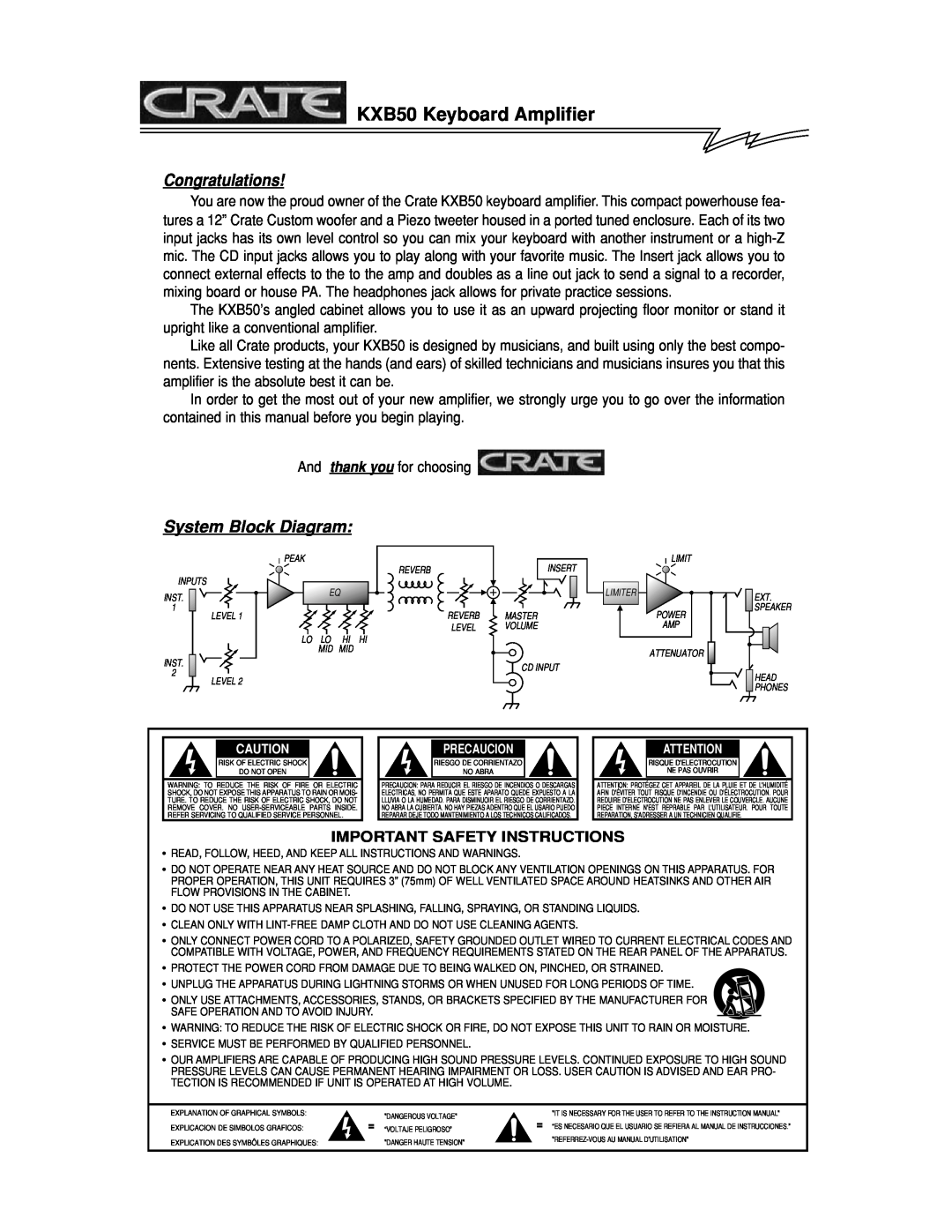 Crate Amplifiers manual KXB50 Keyboard Amplifier, Congratulations, System Block Diagram, Important Safety Instructions 