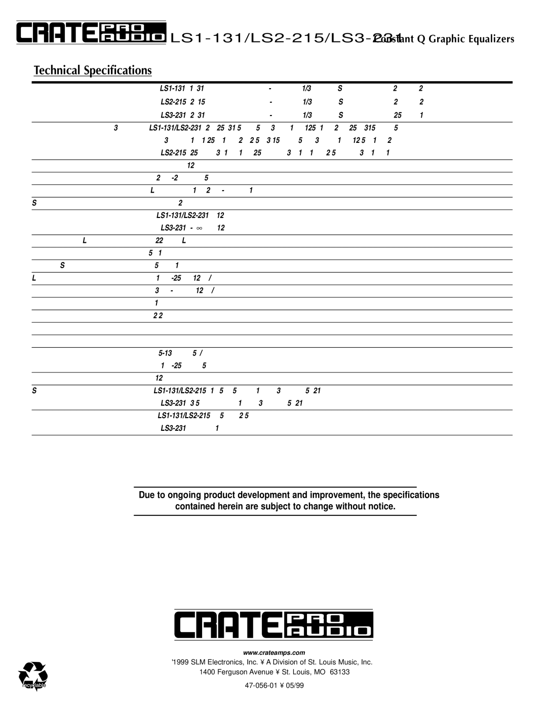 Crate Amplifiers manual LS1-131/LS2-215/LS3-231 Constant Q Graphic Equalizers 