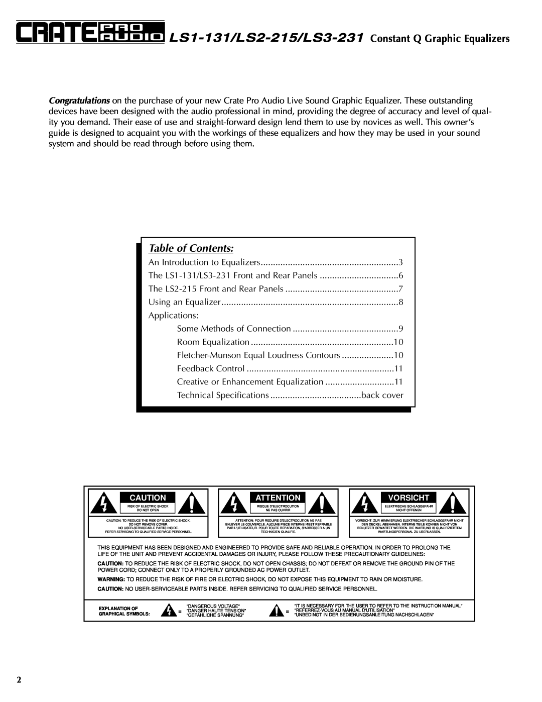 Crate Amplifiers LS2-215, LS3-231, LS1-131 manual Table of Contents 