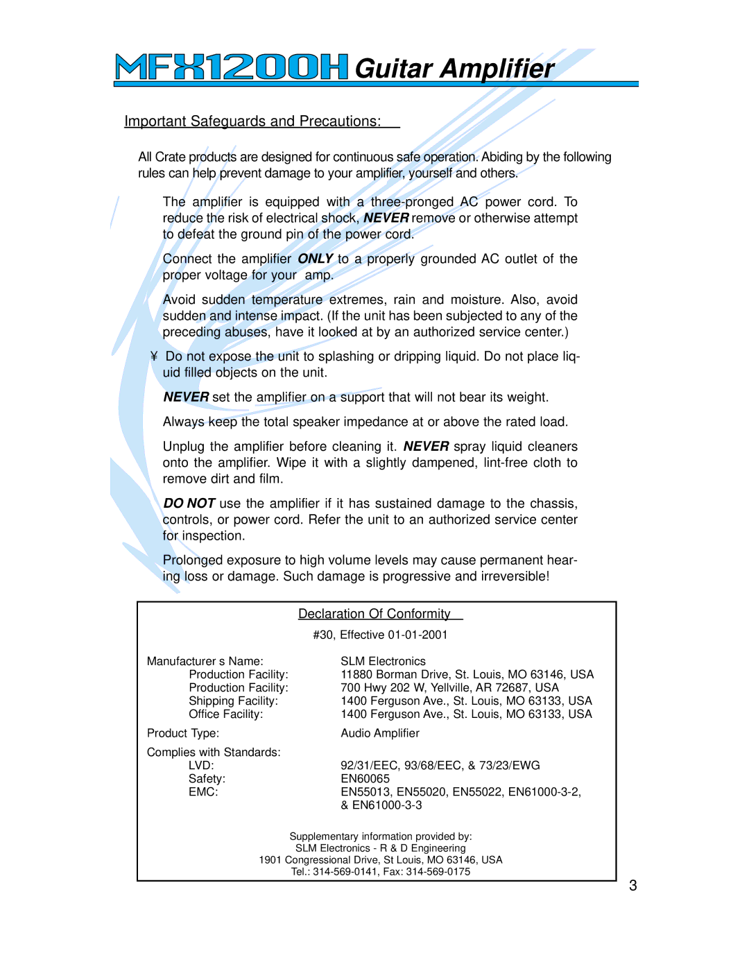 Crate Amplifiers MFX1200 manual Important Safeguards and Precautions, Declaration Of Conformity 