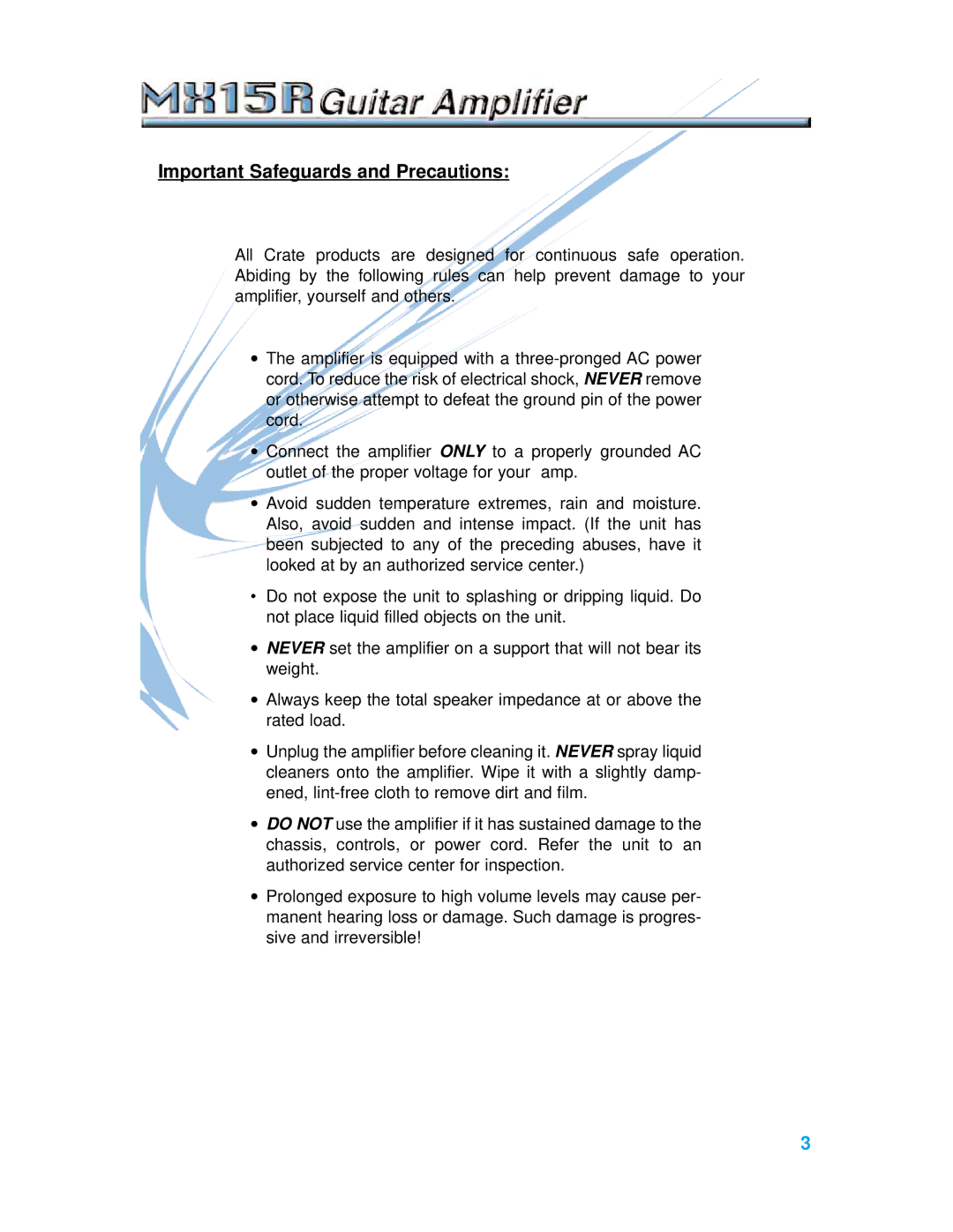 Crate Amplifiers MX15R manual Important Safeguards and Precautions 