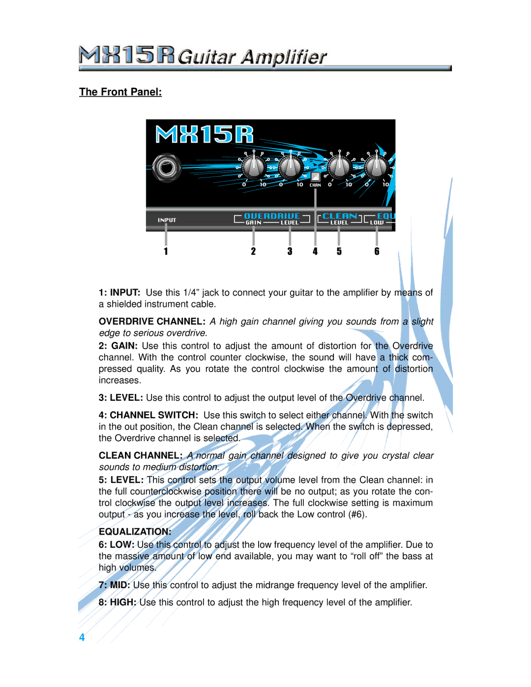 Crate Amplifiers MX15R manual Front Panel, Equalization 