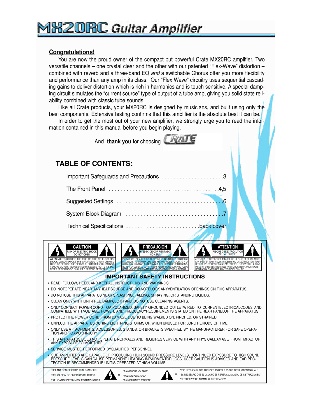 Crate Amplifiers MX20RC manual Table of Contents 