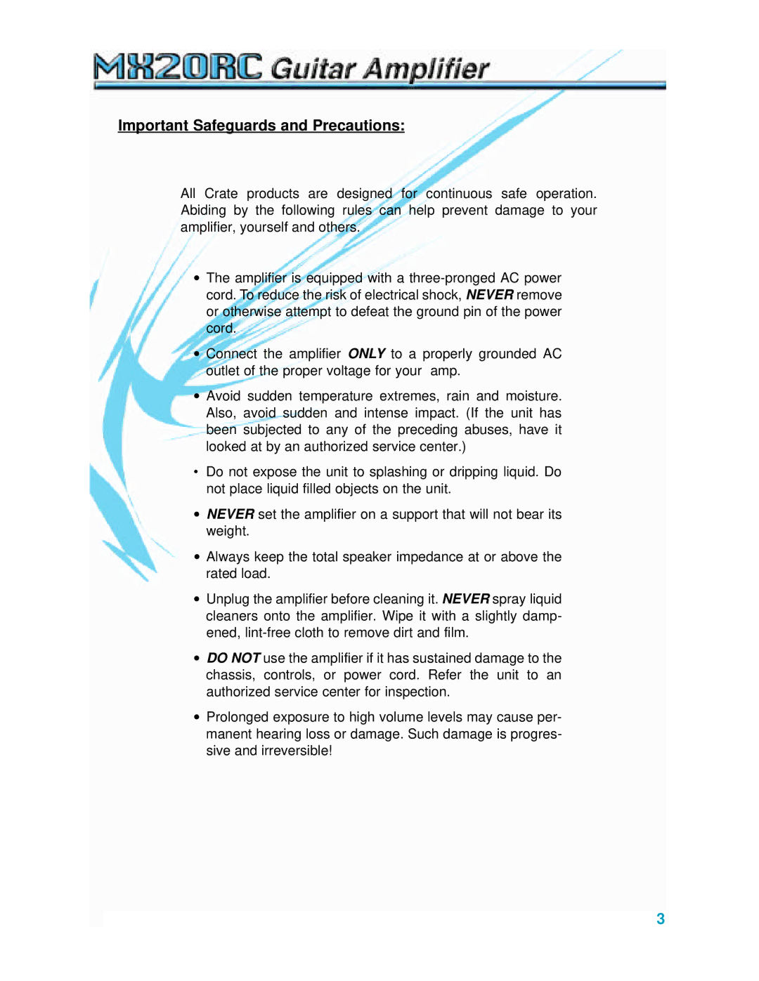 Crate Amplifiers MX20RC manual Important Safeguards and Precautions 