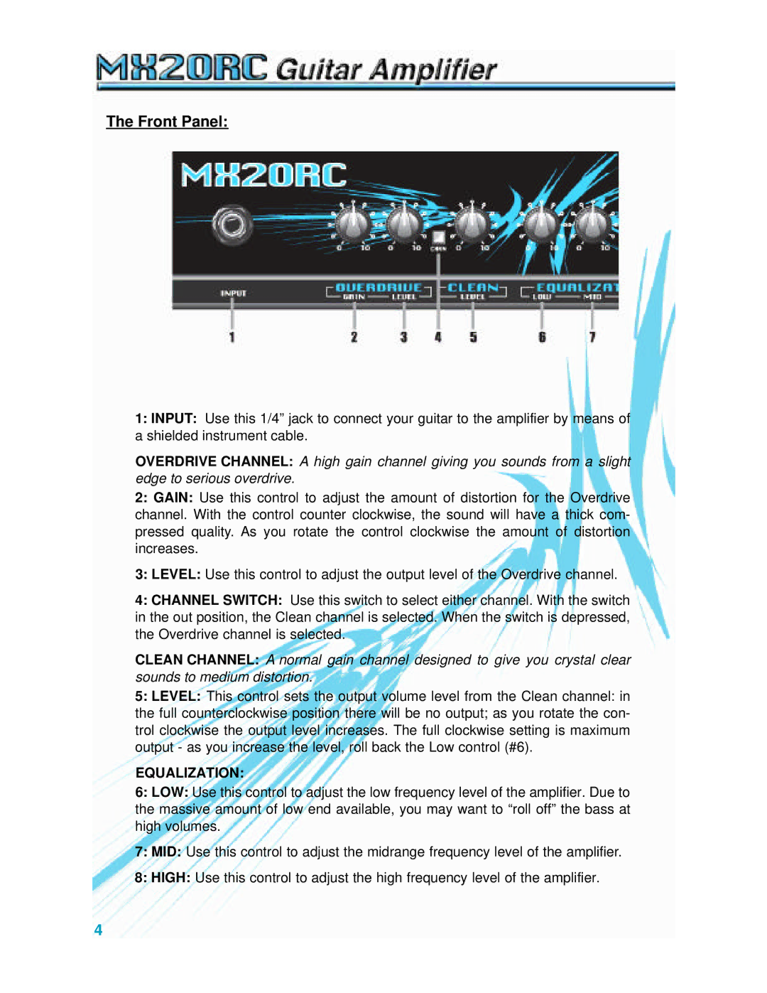 Crate Amplifiers MX20RC manual Front Panel, Equalization 