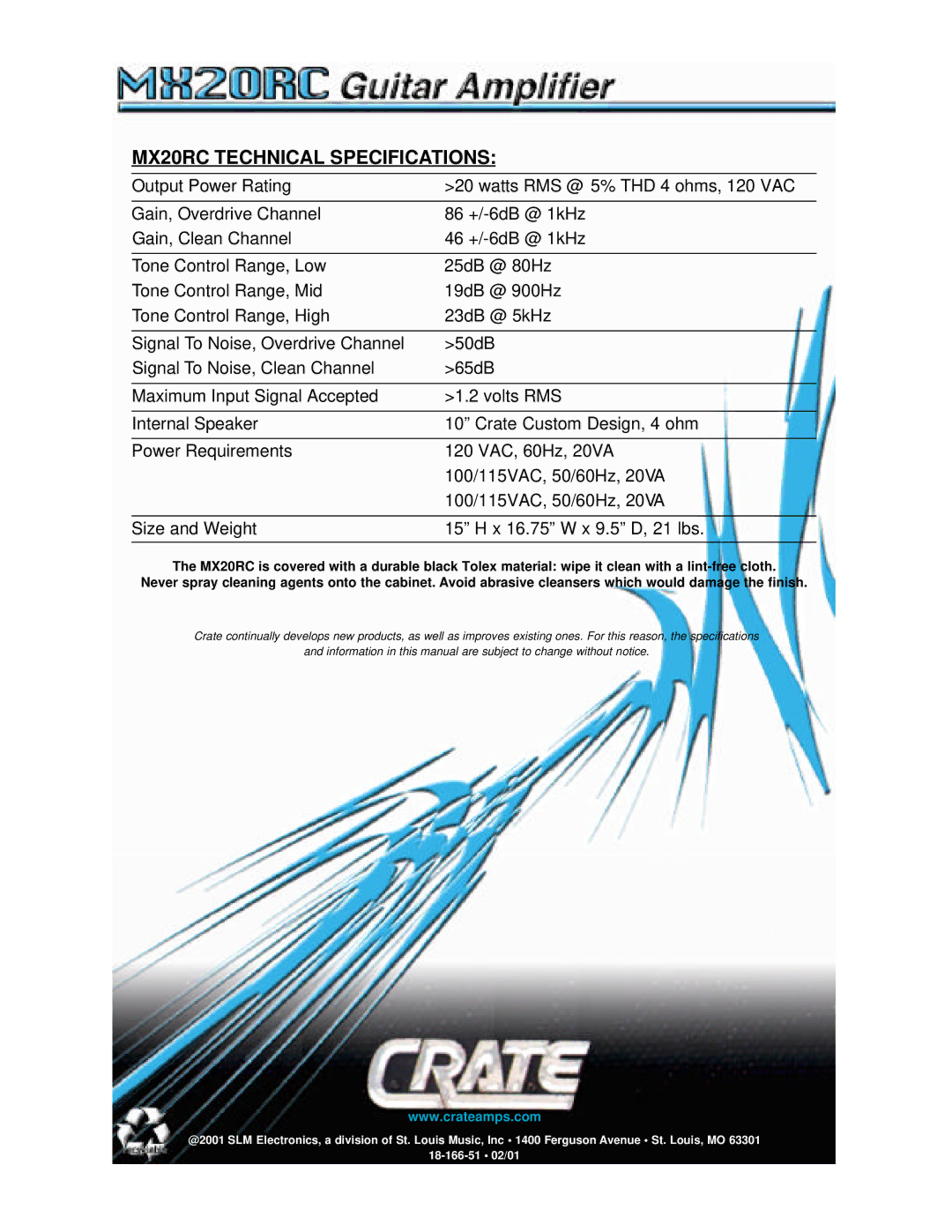 Crate Amplifiers manual MX20RC Technical Specifications 