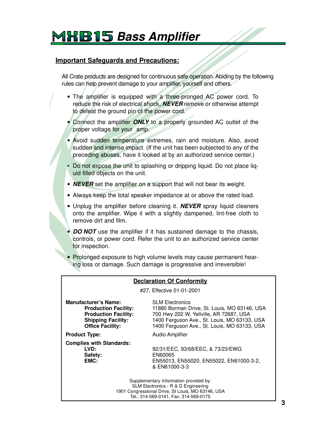 Crate Amplifiers MXB15 manual Important Safeguards and Precautions, Declaration Of Conformity 