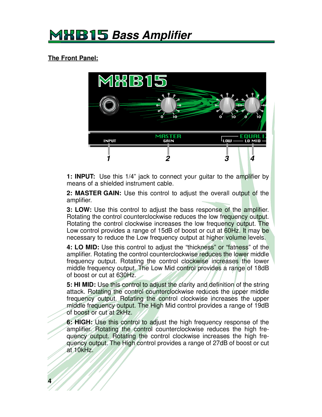 Crate Amplifiers MXB15 manual Front Panel 