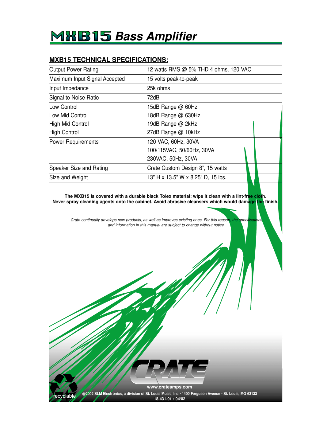 Crate Amplifiers manual MXB15 Technical Specifications 