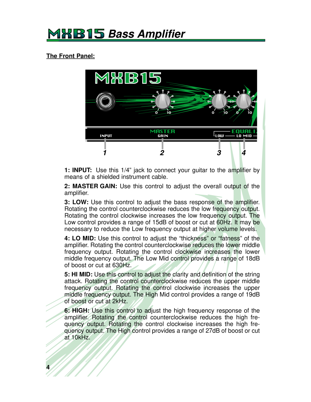 Crate Amplifiers MXB15 manual The Front Panel, Bass Amplifier 