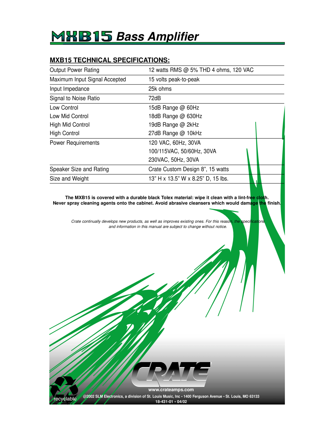 Crate Amplifiers manual MXB15 TECHNICAL SPECIFICATIONS, Bass Amplifier 
