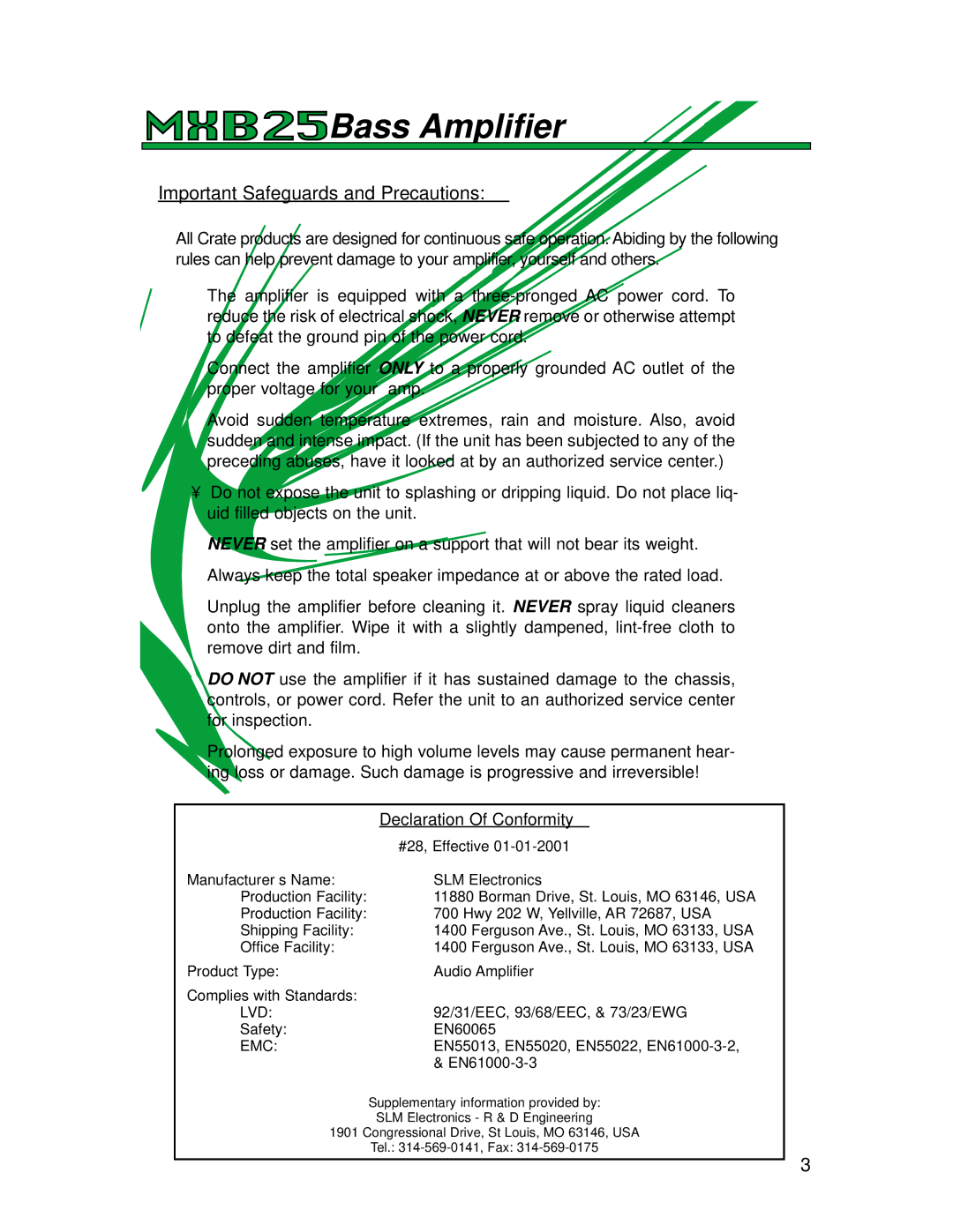 Crate Amplifiers MXB25 manual Important Safeguards and Precautions, Declaration Of Conformity 