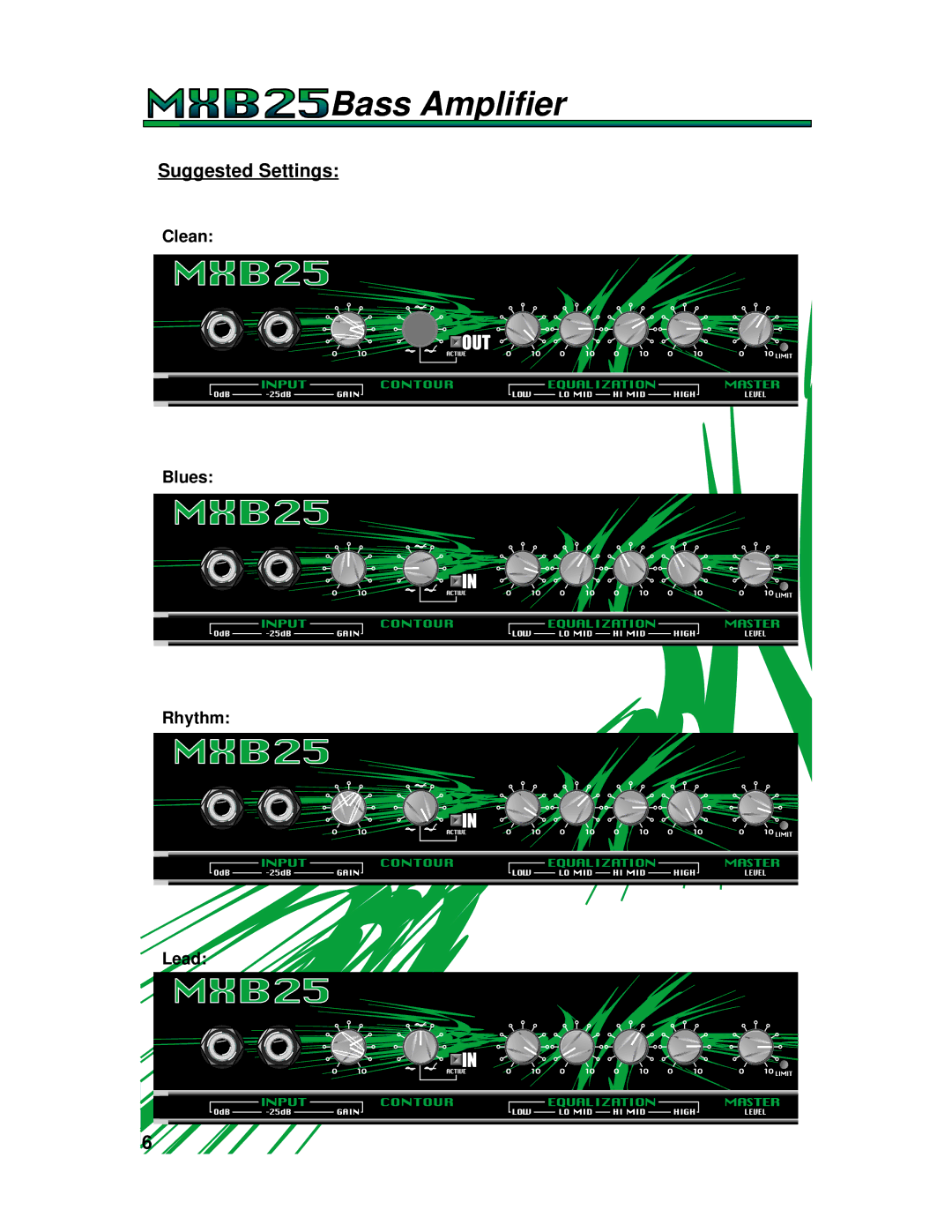 Crate Amplifiers MXB25 manual Suggested Settings, Clean, Blues Rhythm Lead 