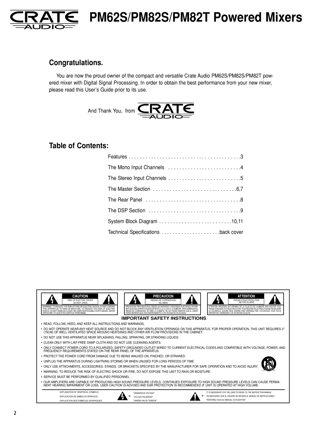 Crate Amplifiers PM82S, PM62S, PM82T manual Congratulations, Table of Contents 