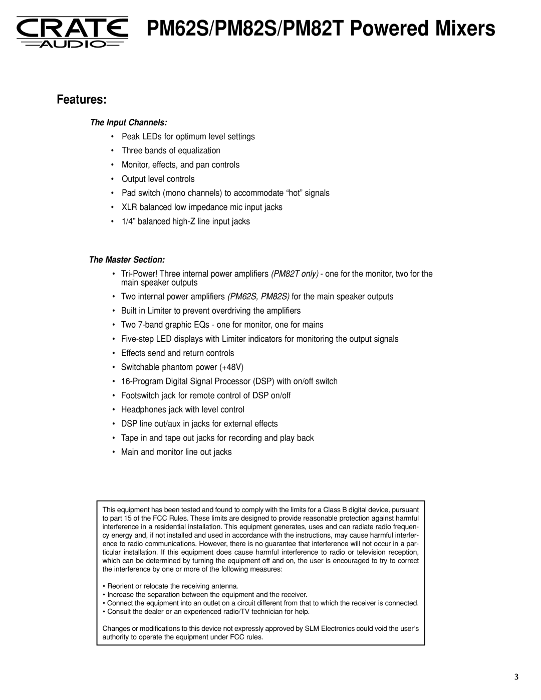 Crate Amplifiers PM62S, PM82T, PM82S manual Features, Input Channels 