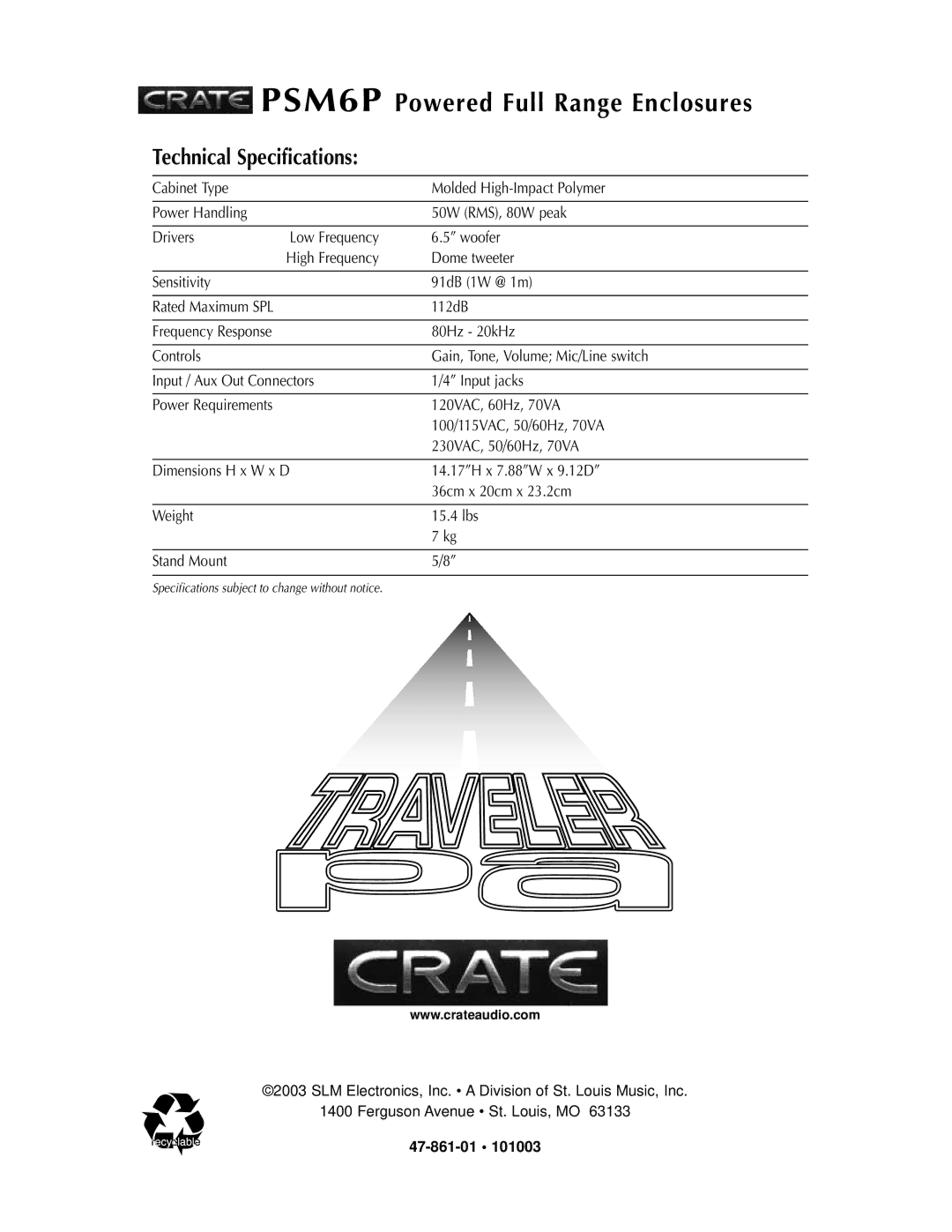 Crate Amplifiers PSM6P manual Technical Specifications 