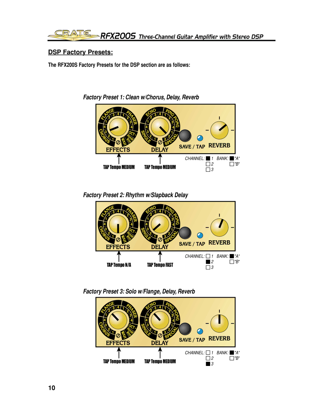 Crate Amplifiers RFX200S manual DSP Factory Presets, Factory Preset 3 Solo w/Flange, Delay, Reverb 