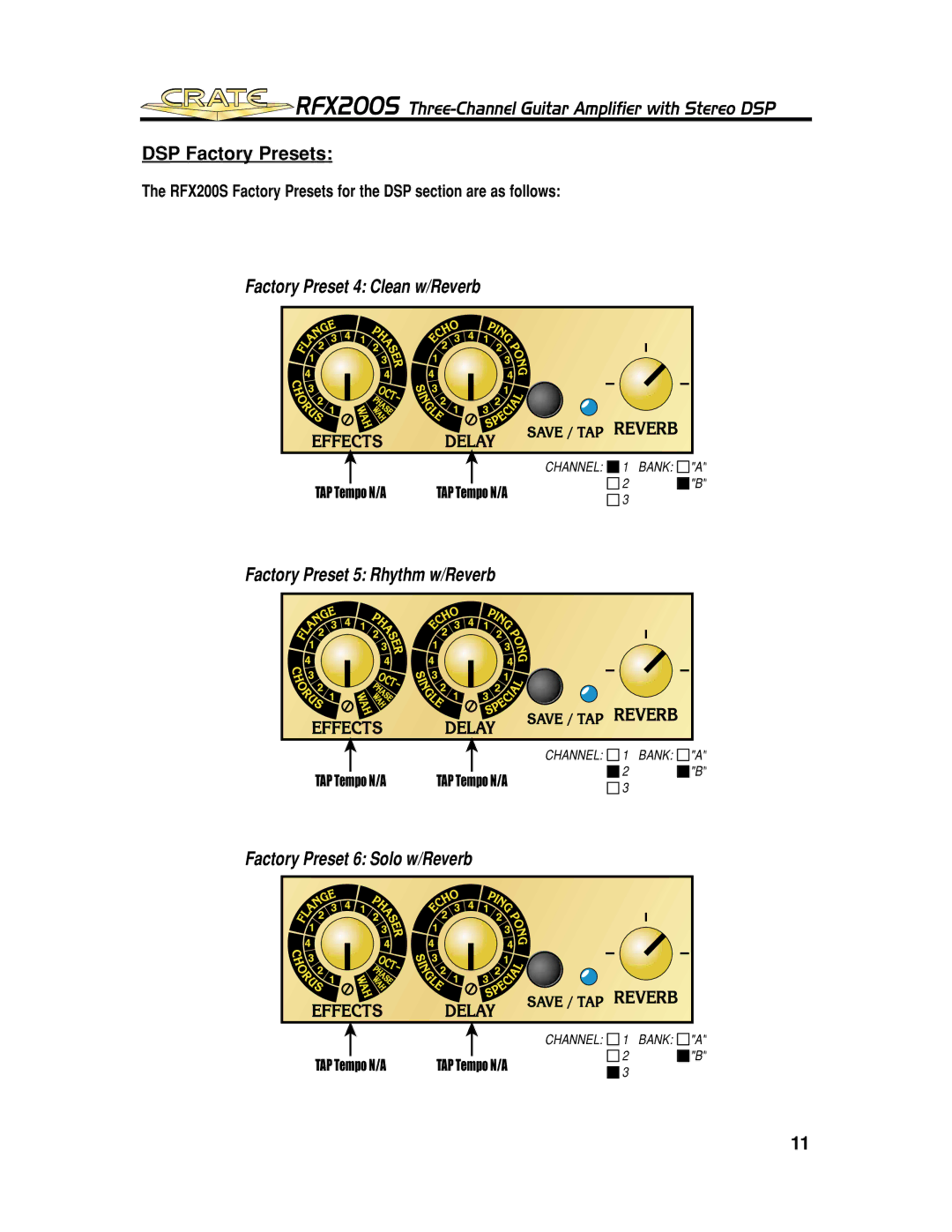 Crate Amplifiers RFX200S manual Factory Preset 4 Clean w/Reverb 