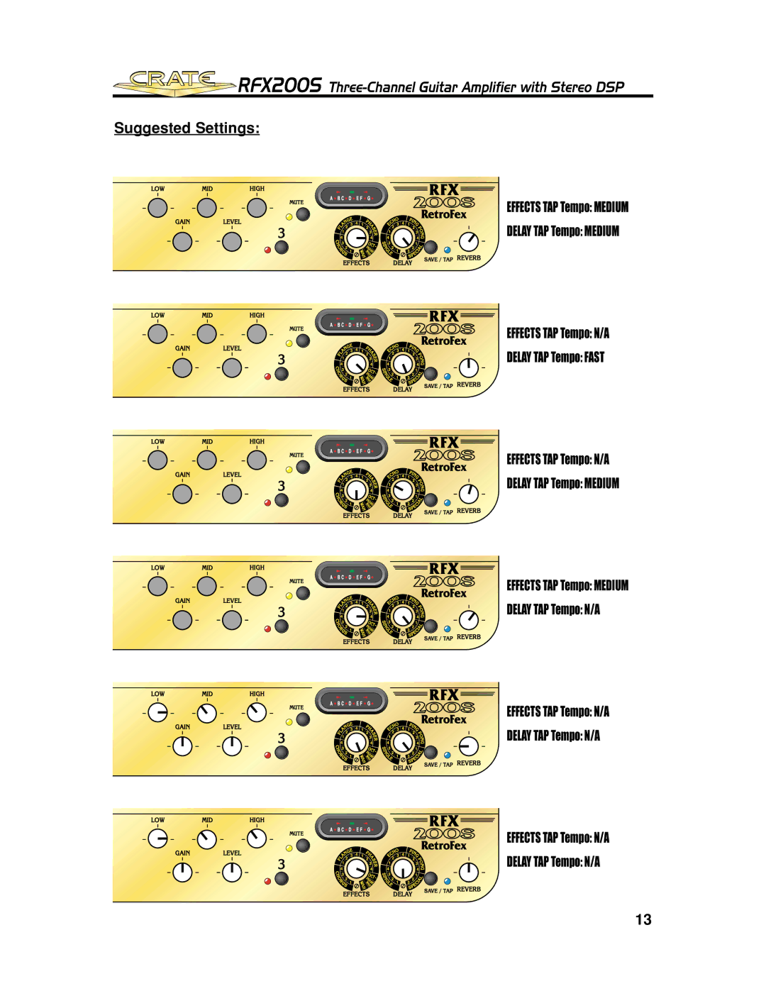 Crate Amplifiers RFX200S manual Effects TAP Tempo Medium Delay TAP Tempo Medium 