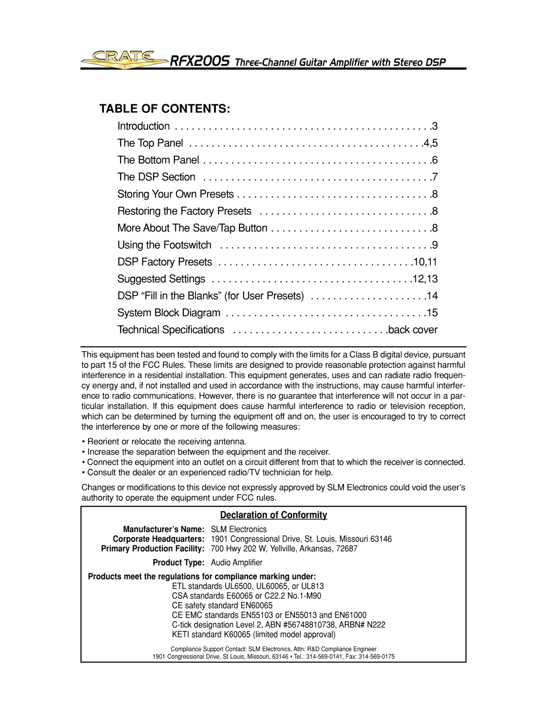 Crate Amplifiers RFX200S manual Table of Contents 