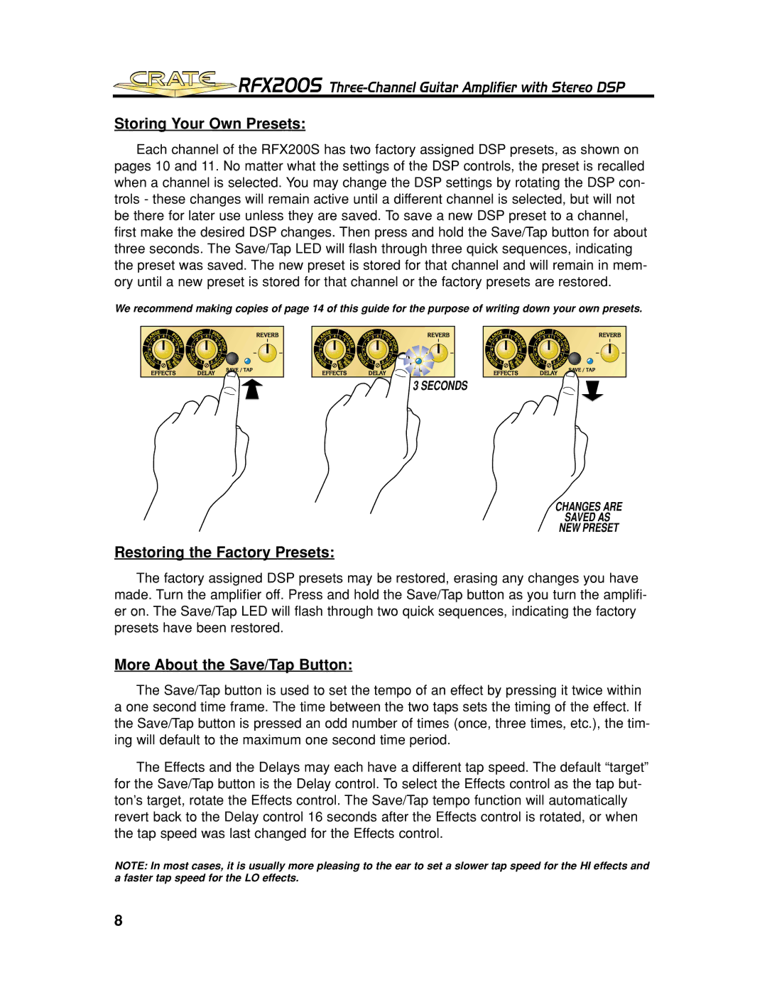 Crate Amplifiers RFX200S manual Storing Your Own Presets, Restoring the Factory Presets, More About the Save/Tap Button 