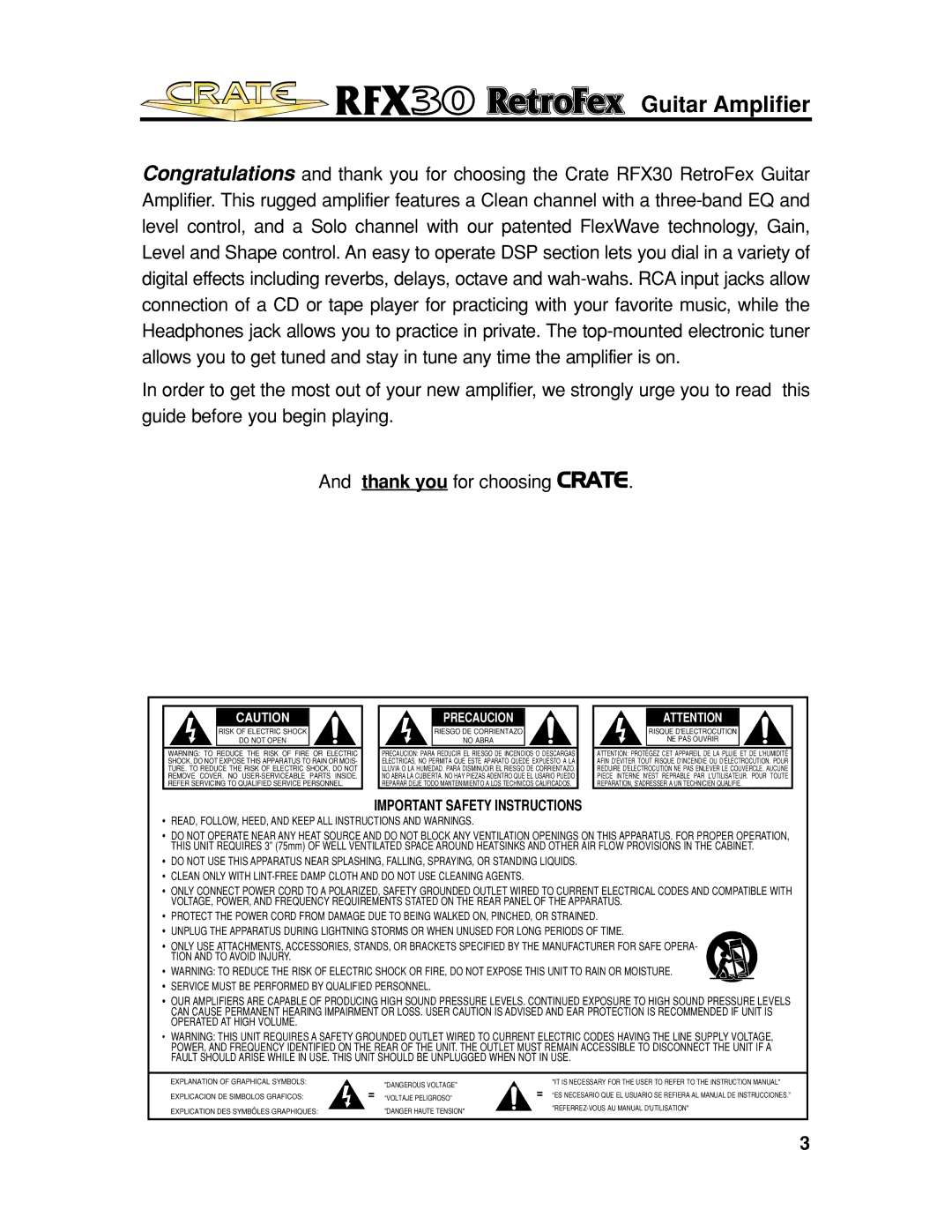 Crate Amplifiers RFX30 manual Important Safety Instructions 