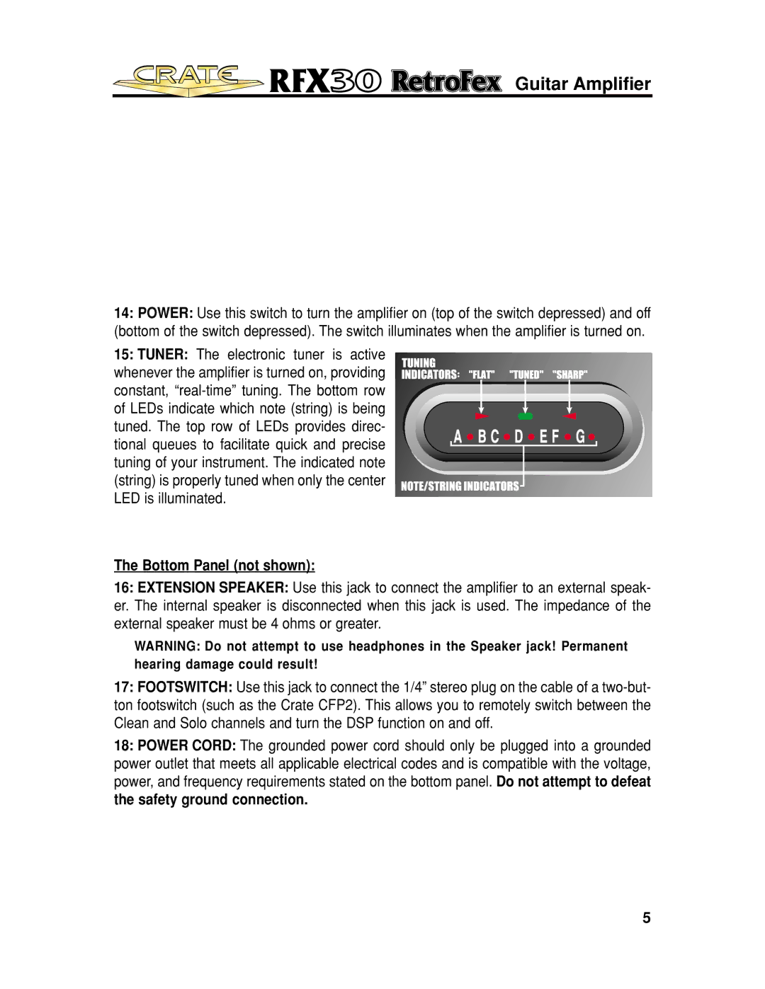 Crate Amplifiers RFX30 manual Tuner The electronic tuner is active, Bottom Panel not shown 