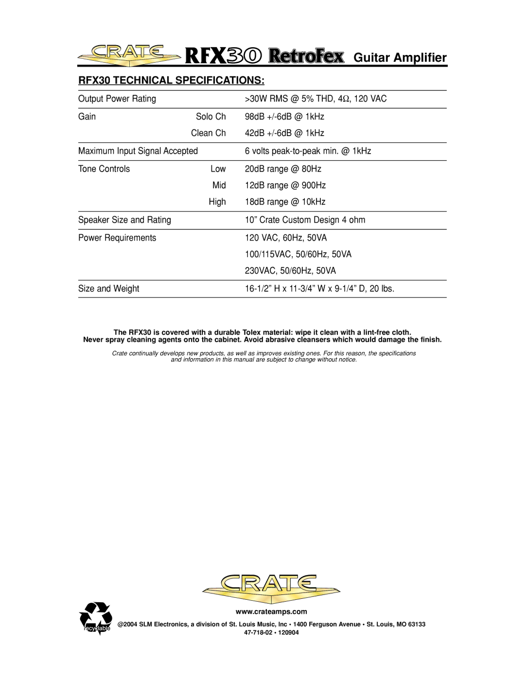 Crate Amplifiers manual RFX30 Technical Specifications 