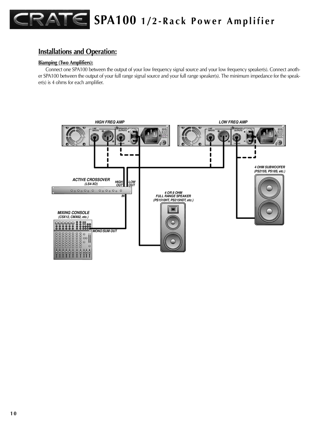 Crate Amplifiers SPA100 manual Biamping Two Amplifiers, High Freq AMP LOW Freq AMP 