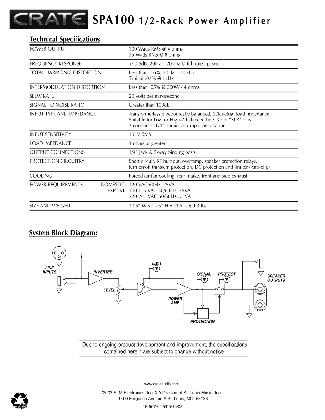 Crate Amplifiers SPA100 manual Technical Specifications, System Block Diagram, Protection 