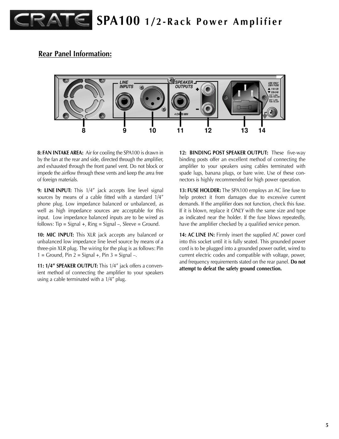 Crate Amplifiers SPA100 manual Rear Panel Information, Line Speaker, Inputs Outputs 