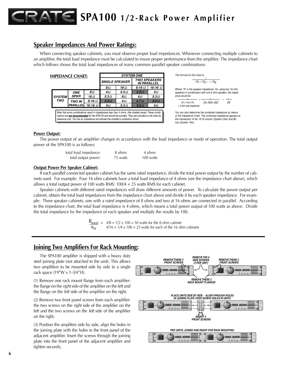 Crate Amplifiers SPA100 manual Speaker Impedances And Power Ratings, Power Output, Output Power Per Speaker Cabinet 