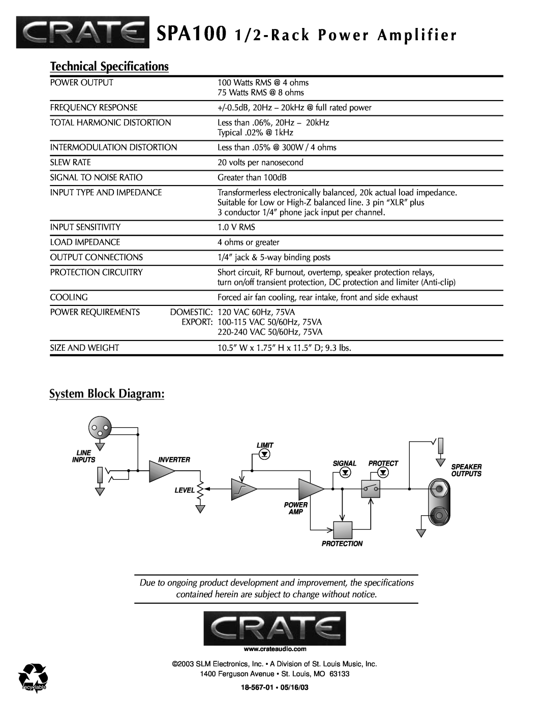 Crate Amplifiers SPA100 manual Technical Specifications, System Block Diagram 