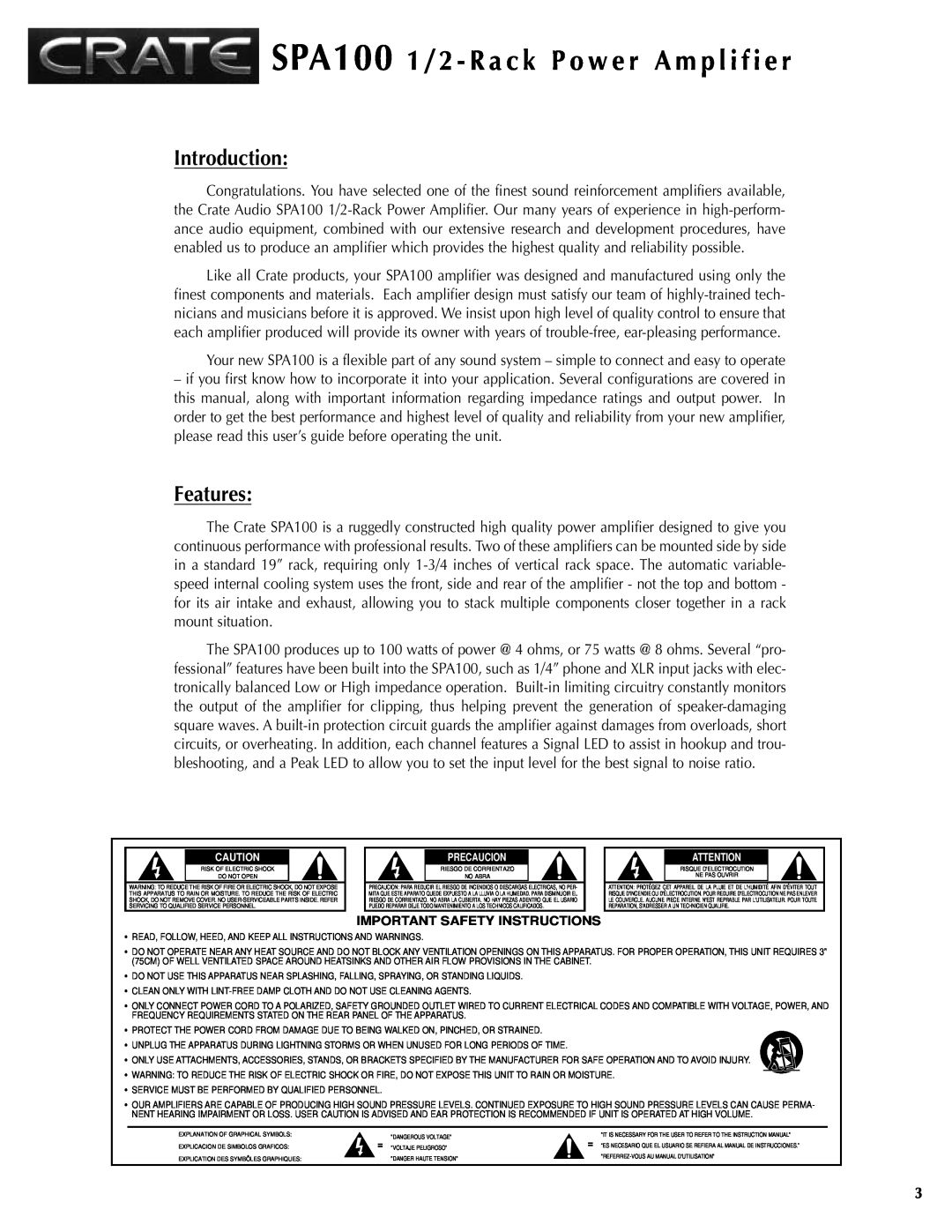 Crate Amplifiers SPA100 manual Introduction, Features, Important Safety Instructions 